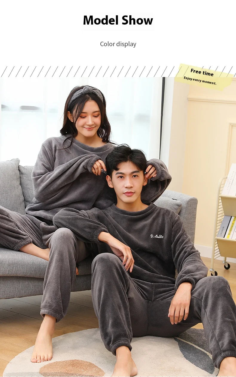 Men's Coral Velvet Pajamas – Thickened, Warm, Long Sleeve & Trousers, Solid Color, Soft Sleepwear, Autumn Winter 2PCS Set
