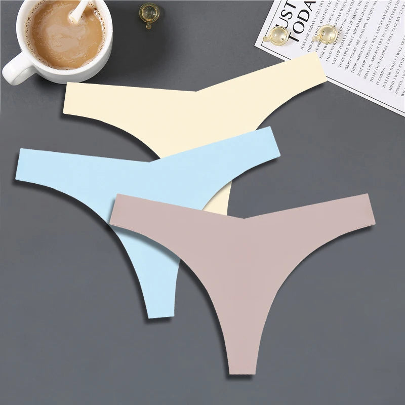 3PCS Women Ice Silk Seamless Thongs – Sexy V-Waist, Low Rise, Sporty, Breathable, 10 Solid Colors