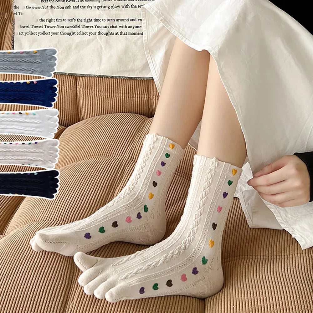 Colorful Heart Braid Five Finger Socks for Women – Spring Autumn, Middle Tube, Cotton, Breathable, Crew Socks, Streetwear