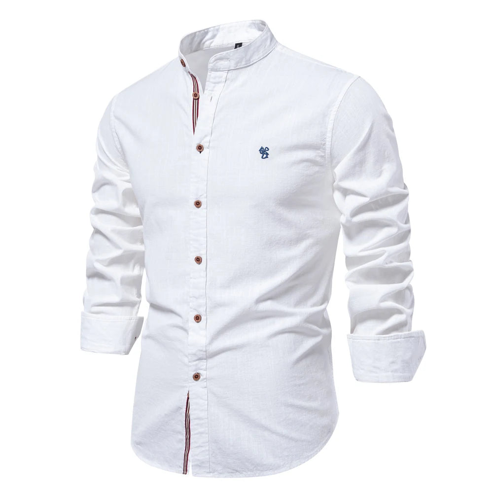 100% Cotton Social Shirt For Men – Solid Color, Long Sleeve, High Quality Brand, Spring Stand Collar, Casual Style