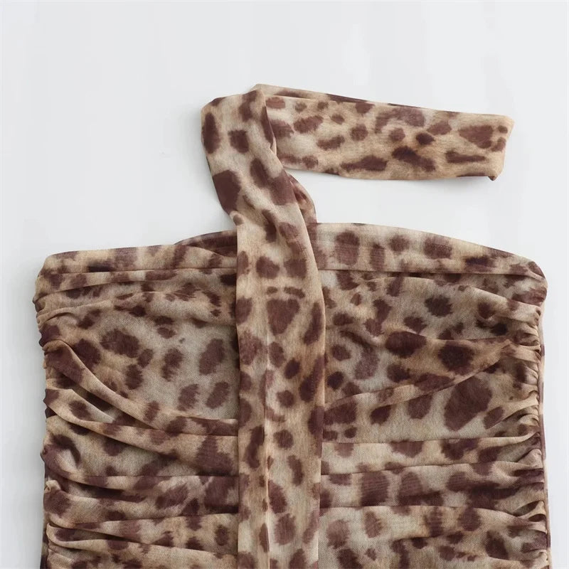 Leopard Print Crop Top – Ruched Tulle, Corset Style, Off-Shoulder, Halter Neck, Sexy, Backless, Tube Top, Women's Fashion
