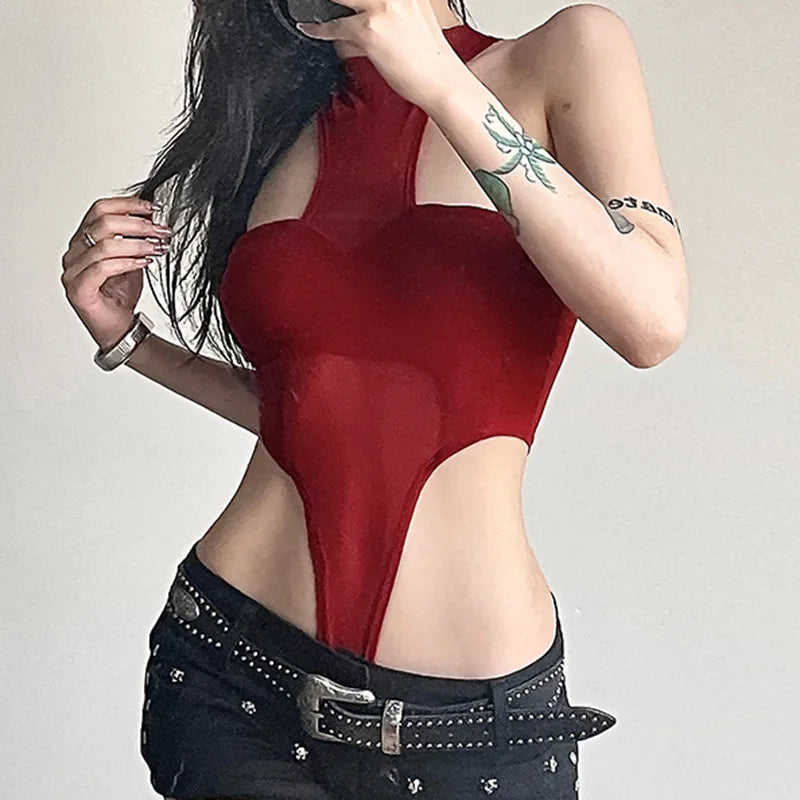 Red See-Through Mesh Bodysuit – Sexy Lingerie, Neck-Mounted, Y2K Festival Outfit