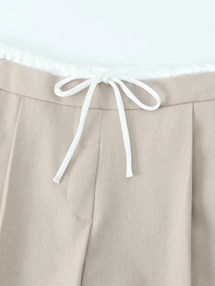 Women Fashion Straight Pants – Solid Color, Lace-Up, Side Zipper, Vintage Style, High Elastic Waist, Chic Lady Trousers