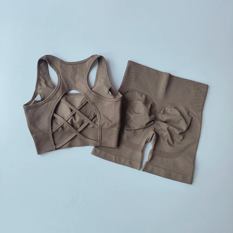 2PCS Seamless Yoga Set – High Waist Shorts & Sport Bra for Gym & Fitness