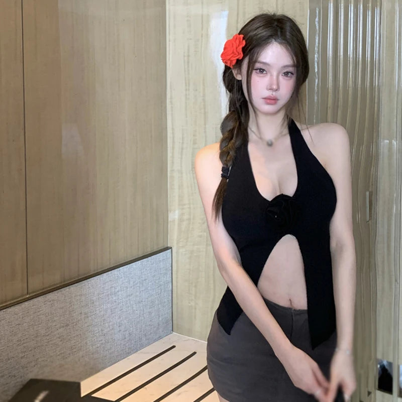 Sweet Flower Knitted Camisole – Sexy, Halter Neck, V-Neck, Backless, Slim Fit, Women's Tank Top