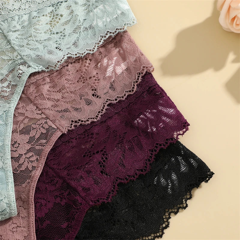 3PCS Lace Hollow Out Thong Panties – Sexy Floral Print, Solid Color, Low Waist, Breathable G-String Lingerie