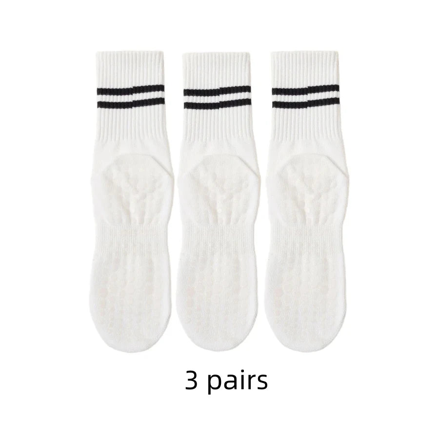 3 Pairs Mid-Tube Yoga Socks – Cotton, Non-Slip Silicone, Professional Fitness & Pilates Socks for Women