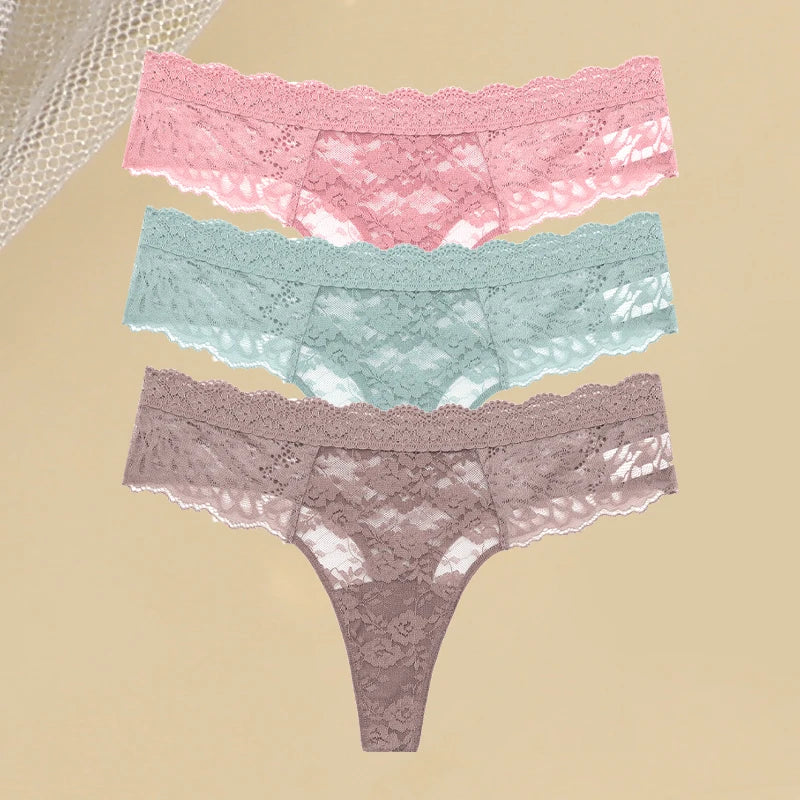 3PCS Lace Hollow Out Thong Panties – Sexy Floral Print, Solid Color, Low Waist, Breathable G-String Lingerie