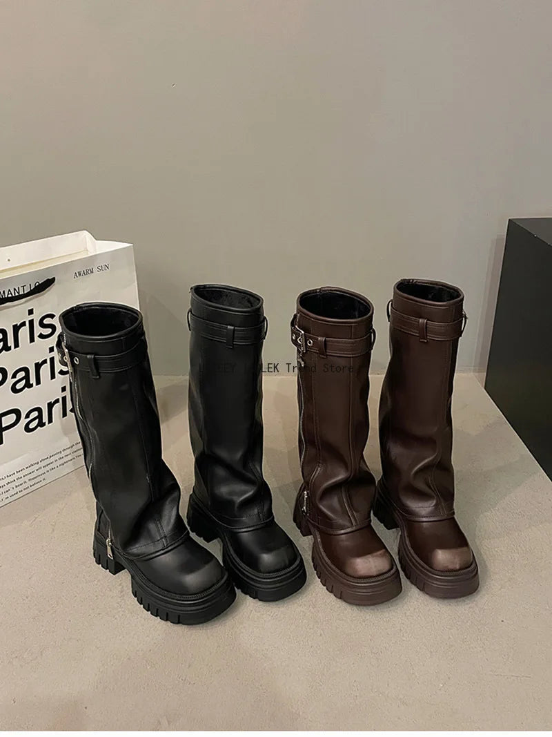 Winter Women Biker Boots – Fashion Belt Buckle, Elegant Platform Knee-High Booties for Ladies