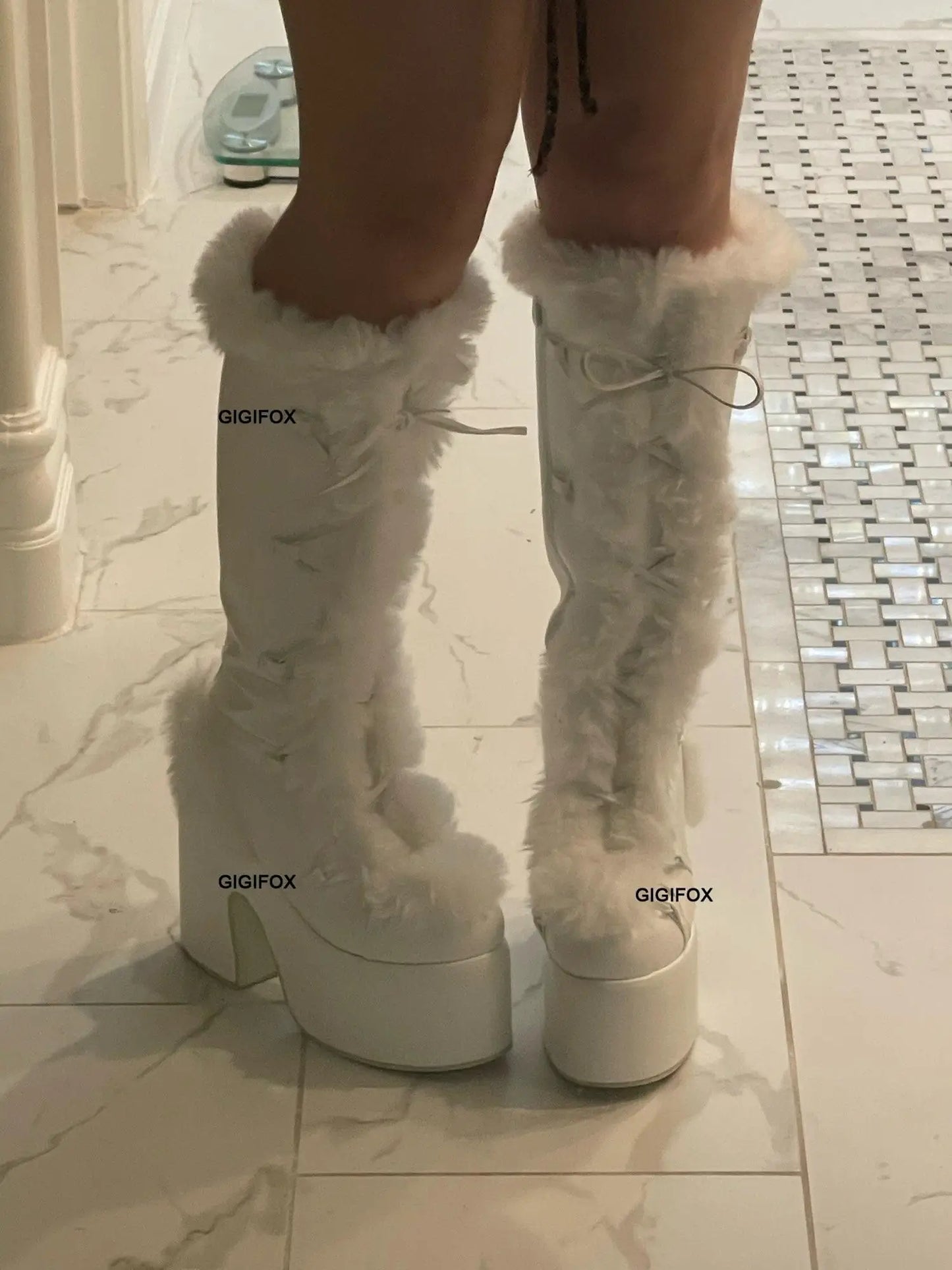 Platform Furry Boots - Chunky High Heeled Winter Autumn Knee-High Boots for Women, Faux Fur Zip, Gothic Punk Style