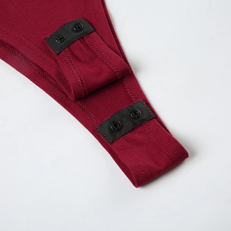 Red Skinny Bodysuit – Heart-Shaped Hollow Out, Sheer Patchwork, Full Sleeve, Vintage Chic Outfit