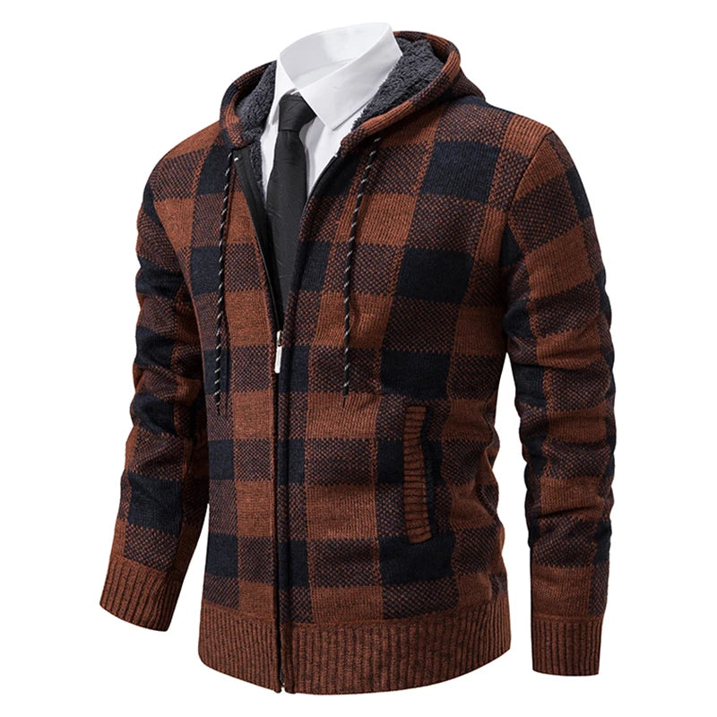 Men's Cardigan – Fashion Plus Velvet Padded Knit Jumpers, Male Sweater, Hooded Plaid Korean Luxury Brand Coat