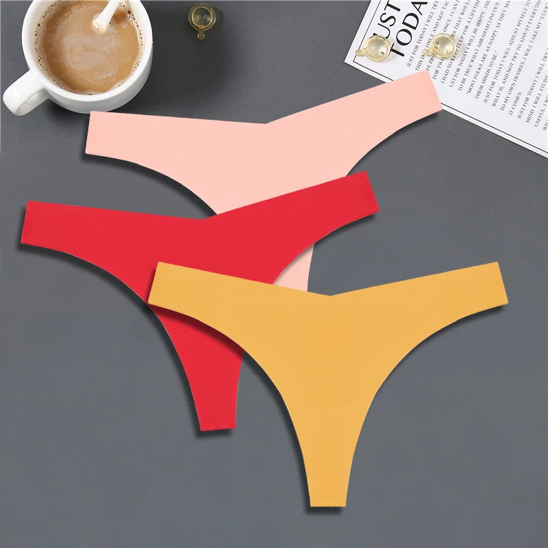 3PCS Women Ice Silk Seamless Thongs – Sexy V-Waist, Low Rise, Sporty, Breathable, 10 Solid Colors