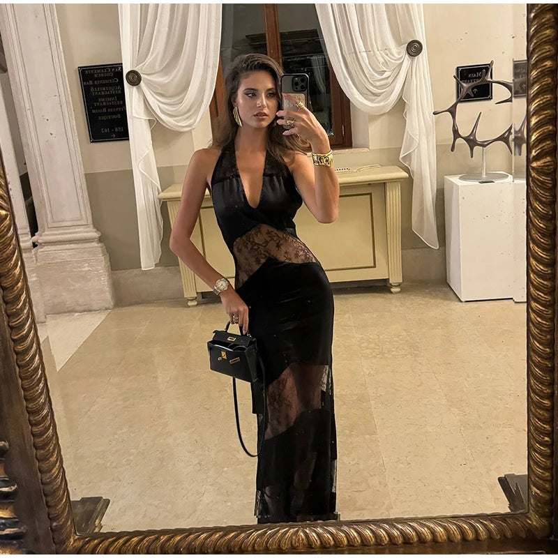 Lace See-Through Sling Maxi Dress – Sexy Slim Black Backless Sleeveless Long Dress, Summer Chic Party Evening Robe