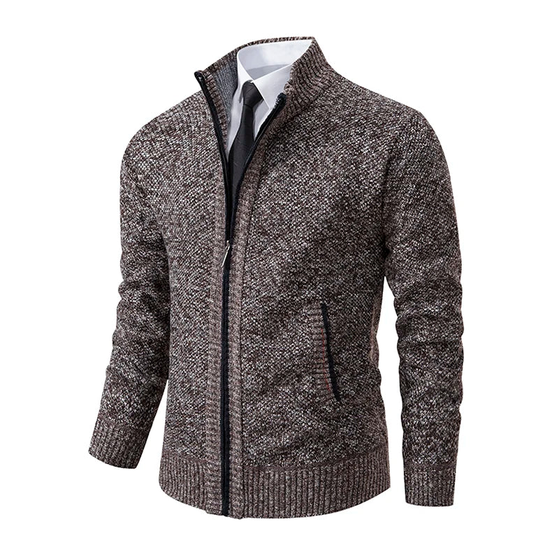 Jersey Men's Casual Sports Coat – Solid Color Stand Collar Sweater, Fleece-Lined, Warm Zipper Cardigan
