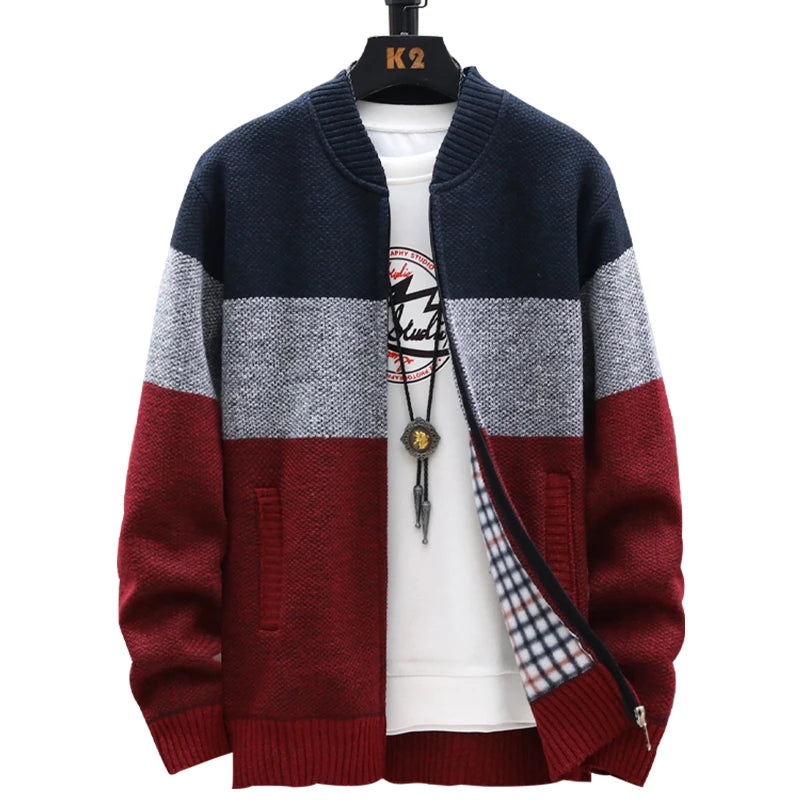 Cardigan Sweater Men – Fleece Zipper, Velvet Contrast Striped Sweater Coat, Casual Jacket for Autumn and Winter