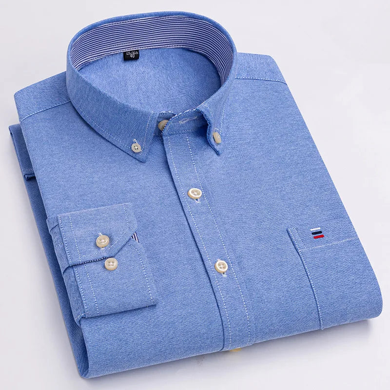 Men's 100% Cotton Shirt – Long Sleeve Plaid Oxford, Solid Color, Regular Fit Formal Dress Shirt, Available In Oversized