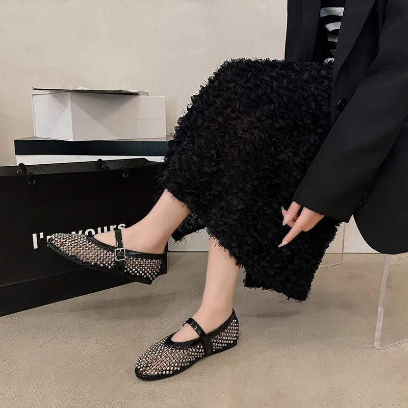 Mesh Breathable Rhinestone Fashion - Versatile Women's New Foreign Style Niche Belt Flat Soft-Soled Mary Jane Shoes