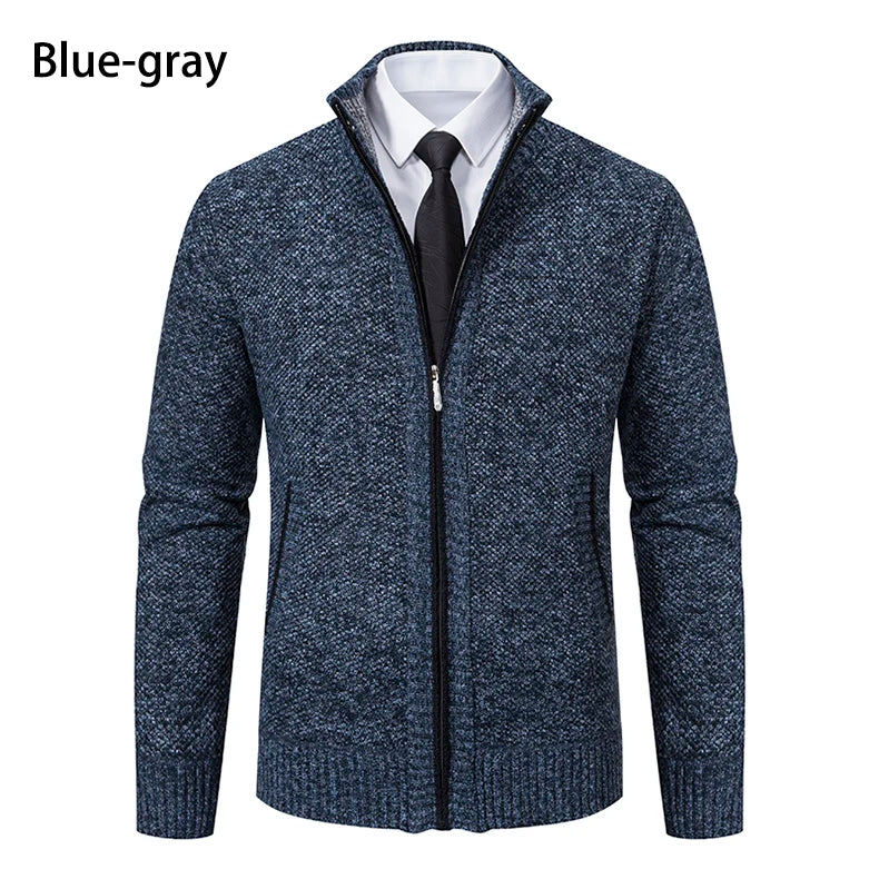 Jersey Men's Casual Sports Coat – Solid Color Stand Collar Sweater, Fleece-Lined, Warm Zipper Cardigan