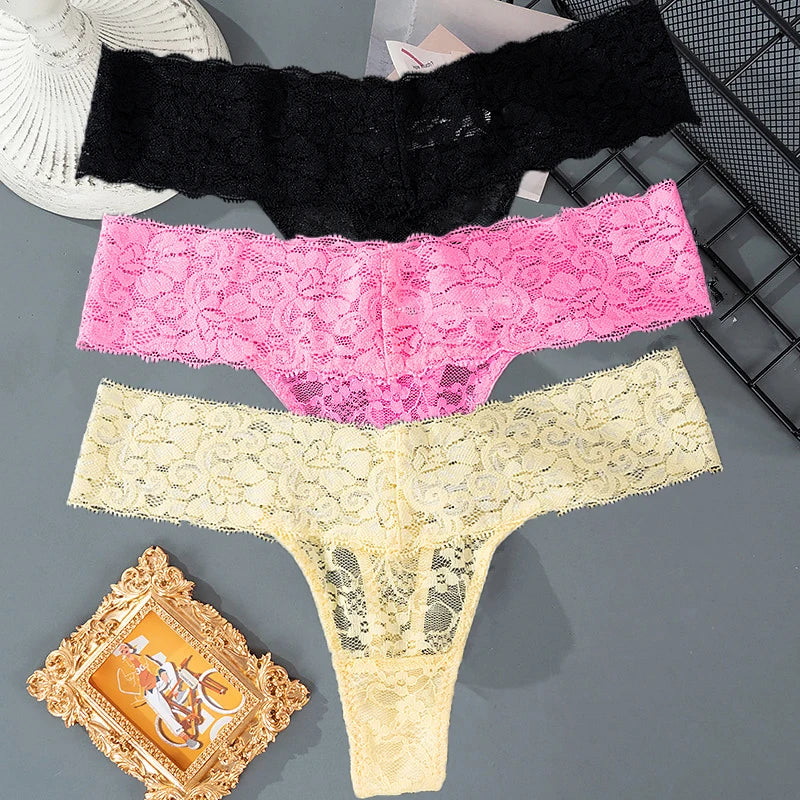 3PCS Lace Floral Thong Panties – Low Waist, Breathable, Sexy, Transparent, Solid Color Women's Underwear