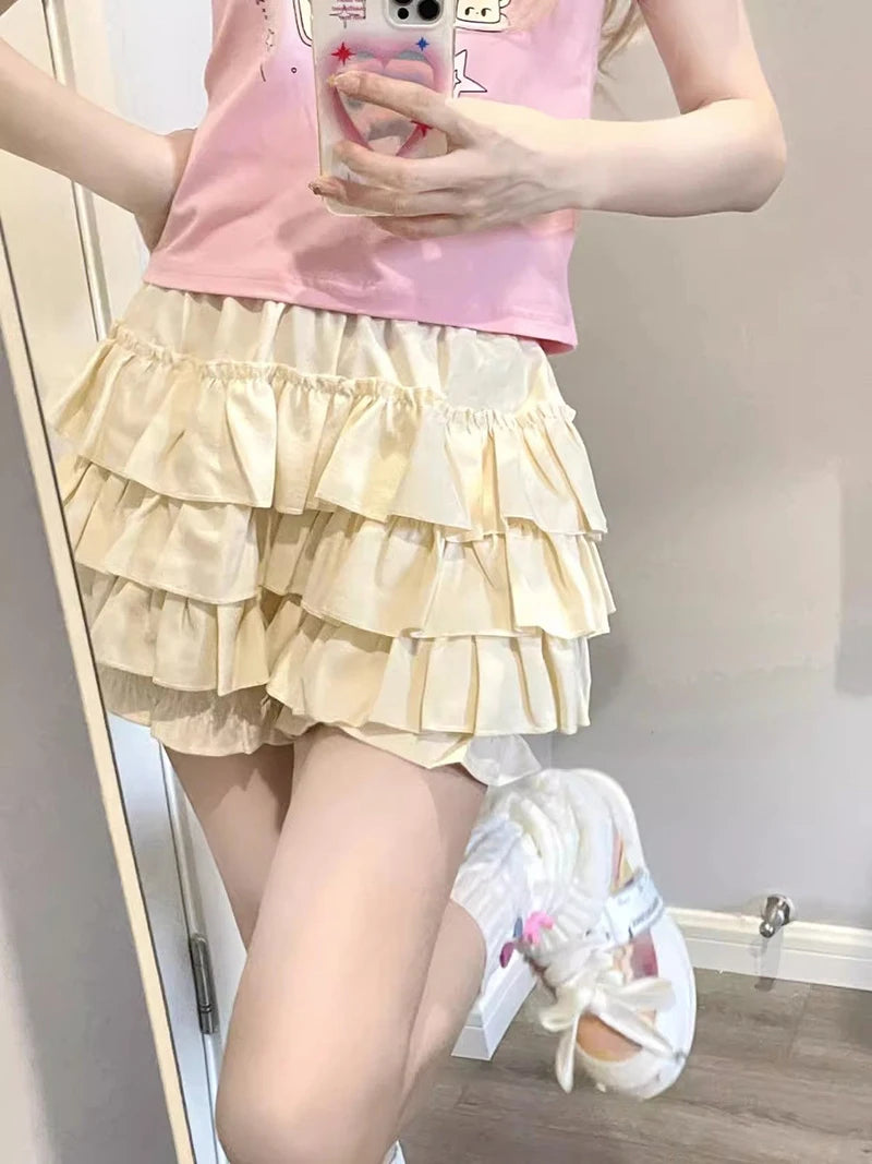 Y2K Sweet Ruffle Mini Skirt – Kawaii Lolita A-Line, Harajuku High-Waisted Bow Skirt in Pink & White