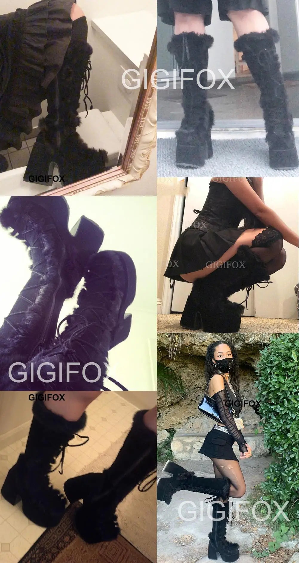 Platform Furry Boots - Chunky High Heeled Winter Autumn Knee-High Boots for Women, Faux Fur Zip, Gothic Punk Style