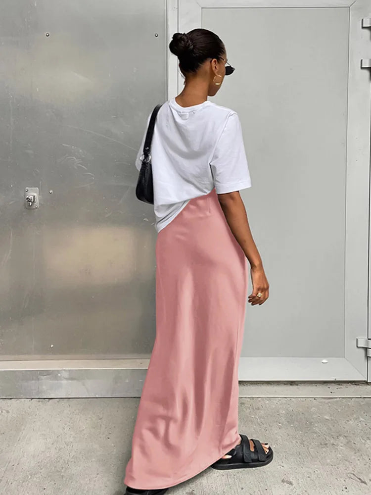 Elegant Satin Trumpet Skirt – Slim Fit, High Waist, Solid Color, Office Wear, Long Skirt, Spring Summer