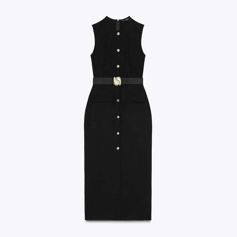 Urban Women Single-Breasted Dress – O-Neck, Sleeveless, Pocket Design, Mid-Length, Spring/Summer, Solid Color, Elegant Lady Robe