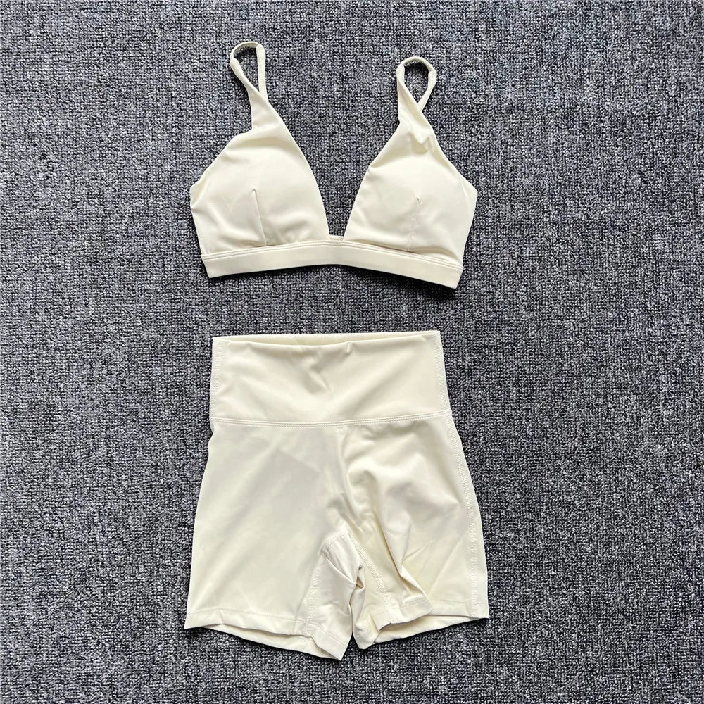1/2PCS Nude Deep V-Neck Sports Bra & High-Waist Shorts – Women’s Yoga & Gym Workout Set