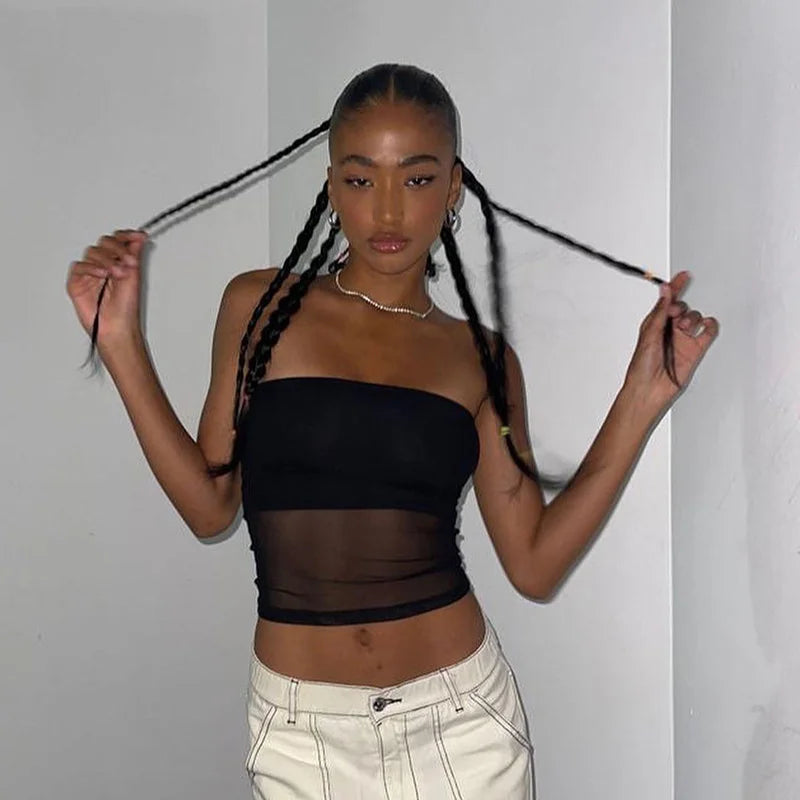 Mesh Corset Black Crop Top – Patchwork Design, Tube Top, Sexy, Sleeveless, Off-Shoulder, Cami Style, Summer Streetwear, Slim Fit, Strapless Tank