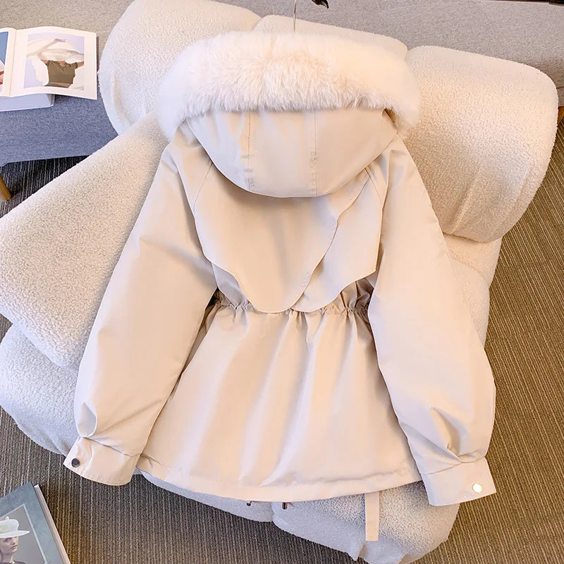 Women's Fleece-Lined Hooded Down Jacket – Warm Drawstring Puffer Parka, Korean Casual Streetwear