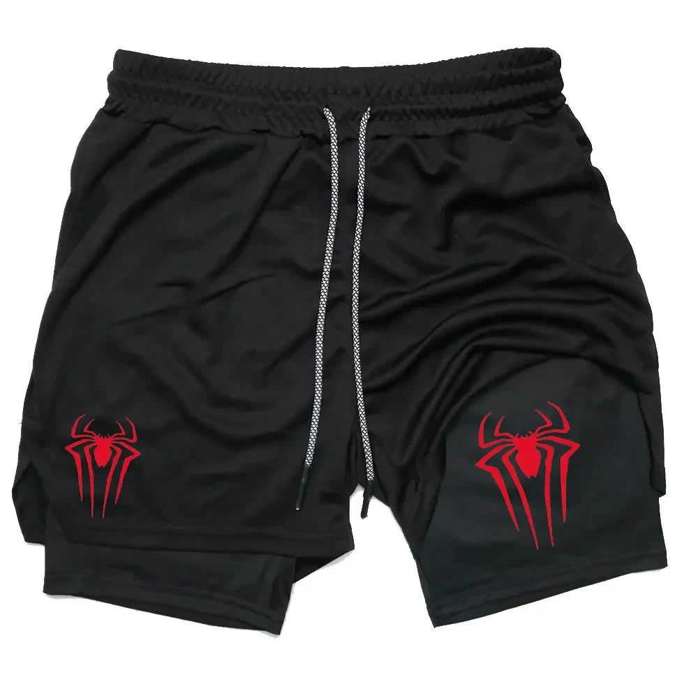 Y2K Performance Shorts Men – Spider Printed, Gym Casual Sports, Compression Shorts, Workout, Running, Mesh 2-in-1 Sport Shorts