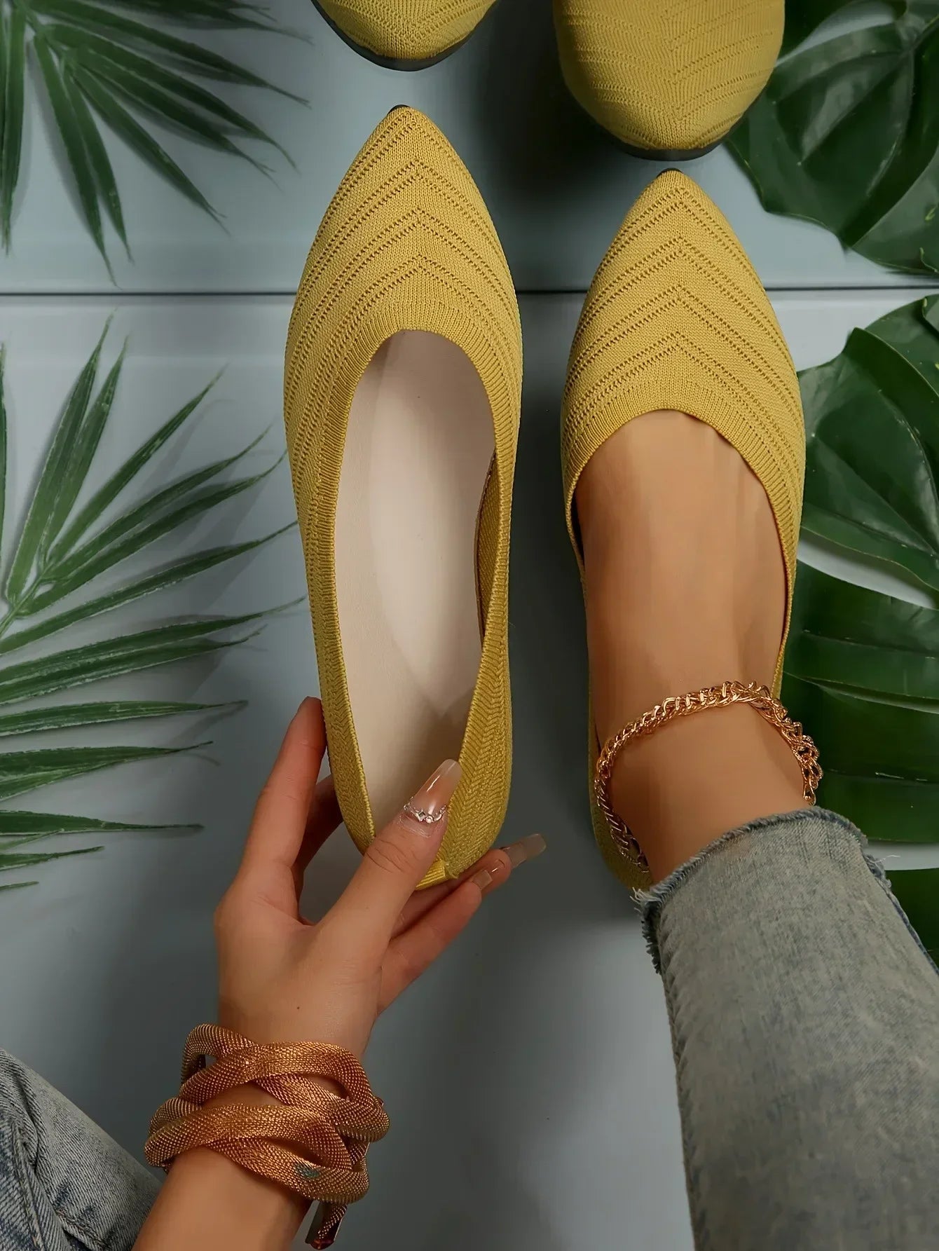 Pointed Toe Flats - Solid Color Knitted Slip-On Office Shoes, Casual Ballet Flats, Women's Loafers, Zapatos de Mujer
