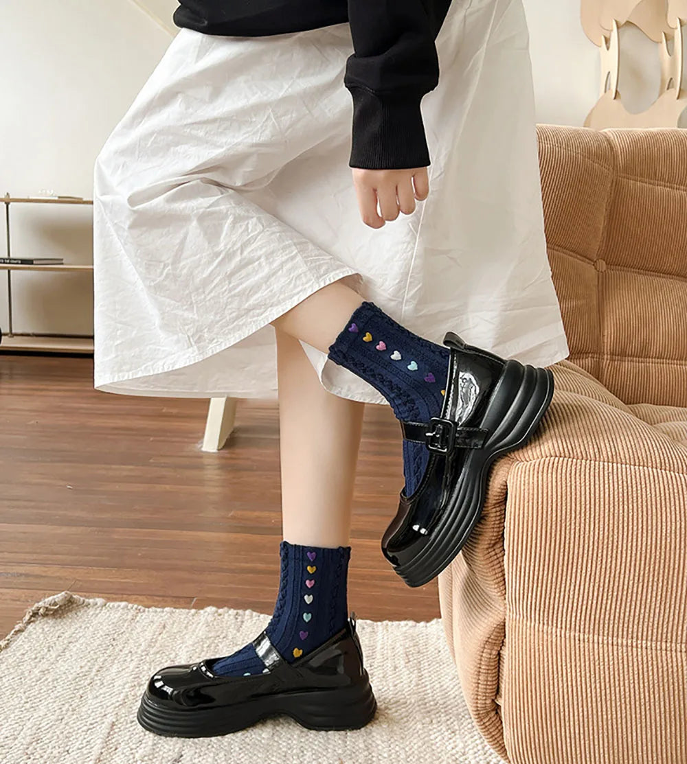 Colorful Heart Braid Five Finger Socks for Women – Spring Autumn, Middle Tube, Cotton, Breathable, Crew Socks, Streetwear