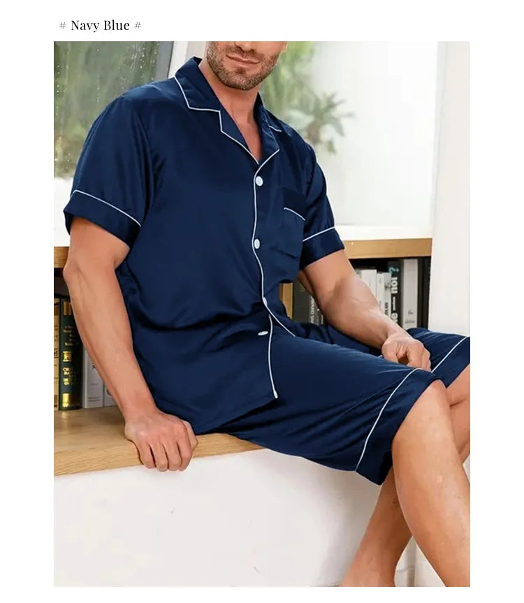 Men's Summer Pajamas Set – Short Sleeve, Button-Down Shirt with Pocket, Matching Shorts, Comfortable Loungewear Sleepwear