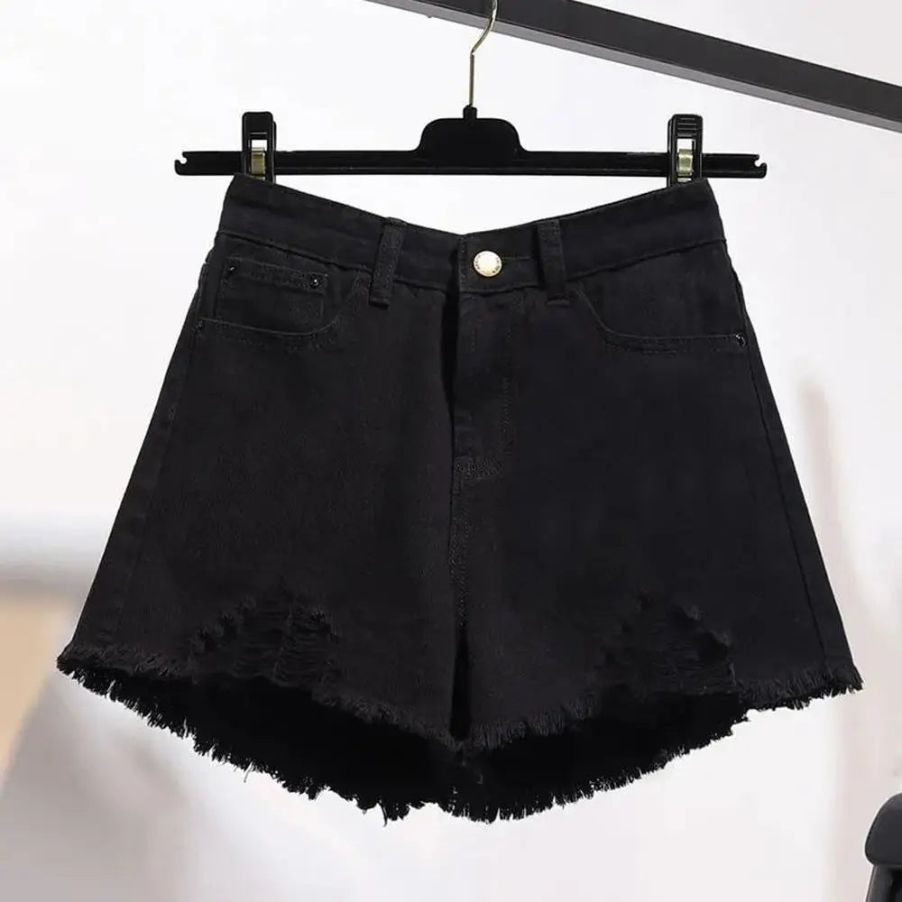 Women's Cowboy Shorts – Korean Style, High Waist, Casual, Denim, Pocket Design, Tassel, Perforated, Ripped Holes, Y2K White Jeans