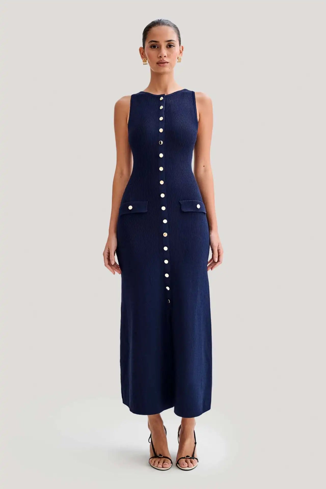 Knit Ribbed Cardigan Maxi Dress – High Waist, Slim Fit, Pocket Design, Sleeveless, Elegant, Party Dress, Women's Knitwear, Long Dress
