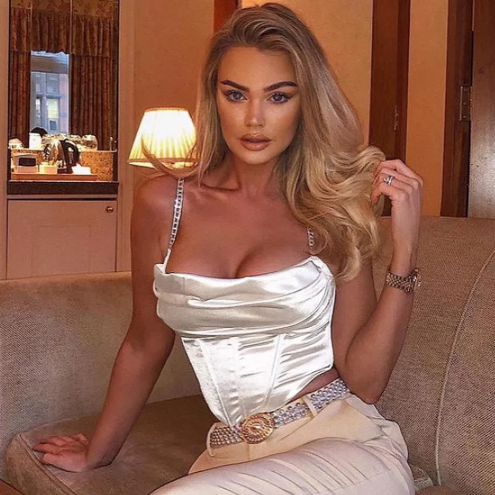 Women's Diamond Chain Crop Top – Aesthetic, Solid Color, Y2K Streetwear, Sleeveless, Thin Straps, Corset Style, Camisole