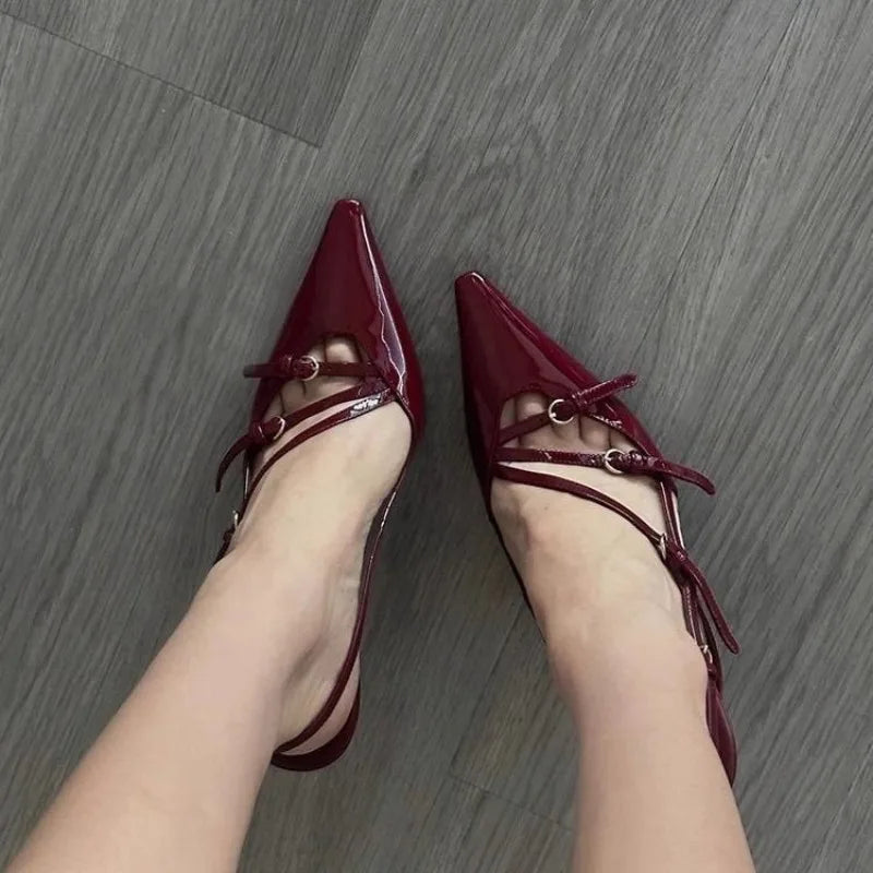 Summer High Heels – Sexy Hollow Black Silk Pointed Sandals with One-Line Buckle, Women's Shoes