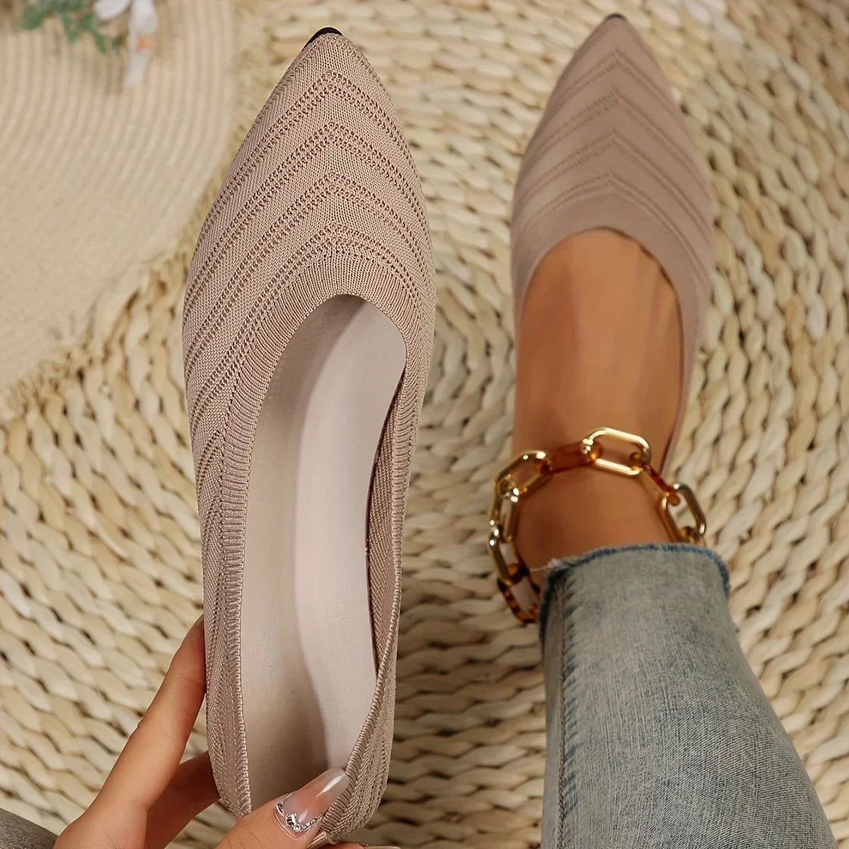 Pointed Toe Flats - Solid Color Knitted Slip-On Office Shoes, Casual Ballet Flats, Women's Loafers, Zapatos de Mujer