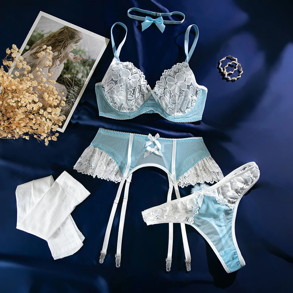 Lace Bra Set – Women's 4-Piece Lingerie Set with Stockings, Floral Bra, Panty & Garter Kit, Sexy Erotic Intimates