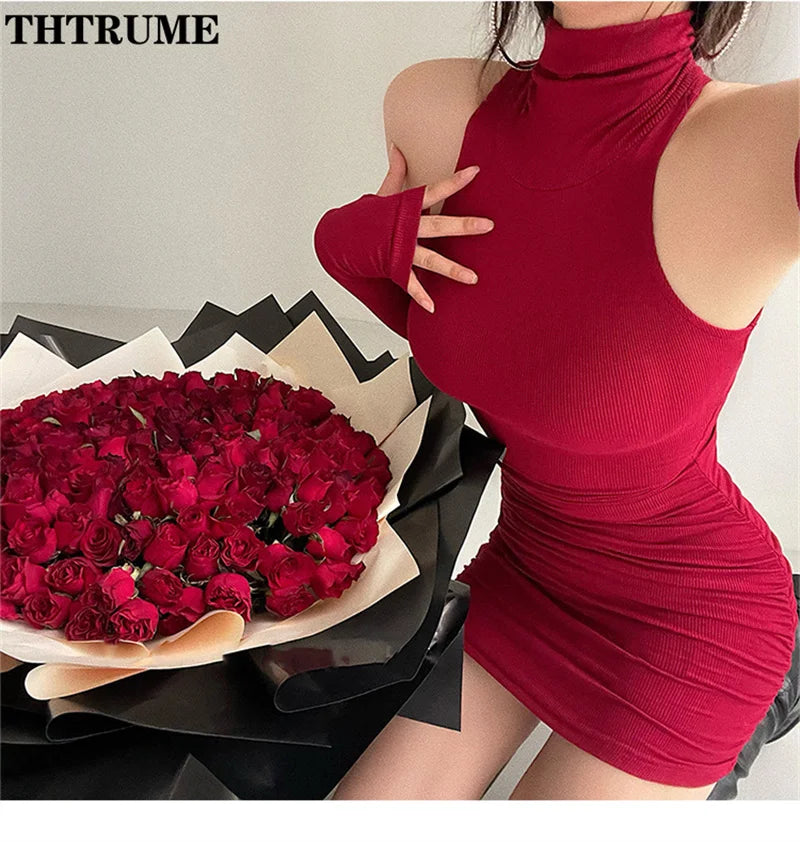 Women’s High Neck Bodycon Mini Dress – Slim Fit Summer Party Clubwear