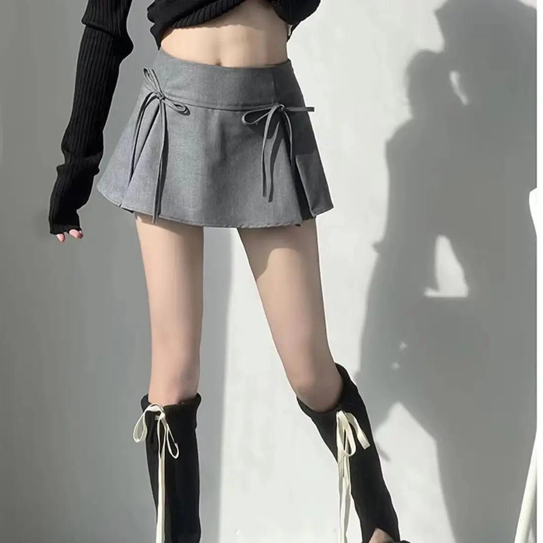 Women's Y2K Bow Skirt – Pleated A-Line, Solid Color, Harajuku Korean Preppy Style