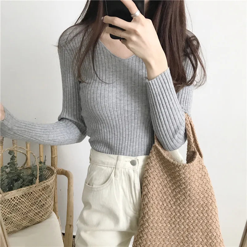 Korean V-Neck Knitted Sweater – Slim Fit, Autumn Winter Pullover, Fashion Jumper for Women
