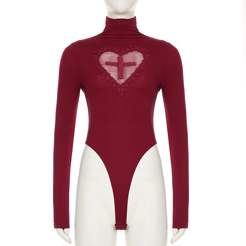 Red Skinny Bodysuit – Heart-Shaped Hollow Out, Sheer Patchwork, Full Sleeve, Vintage Chic Outfit