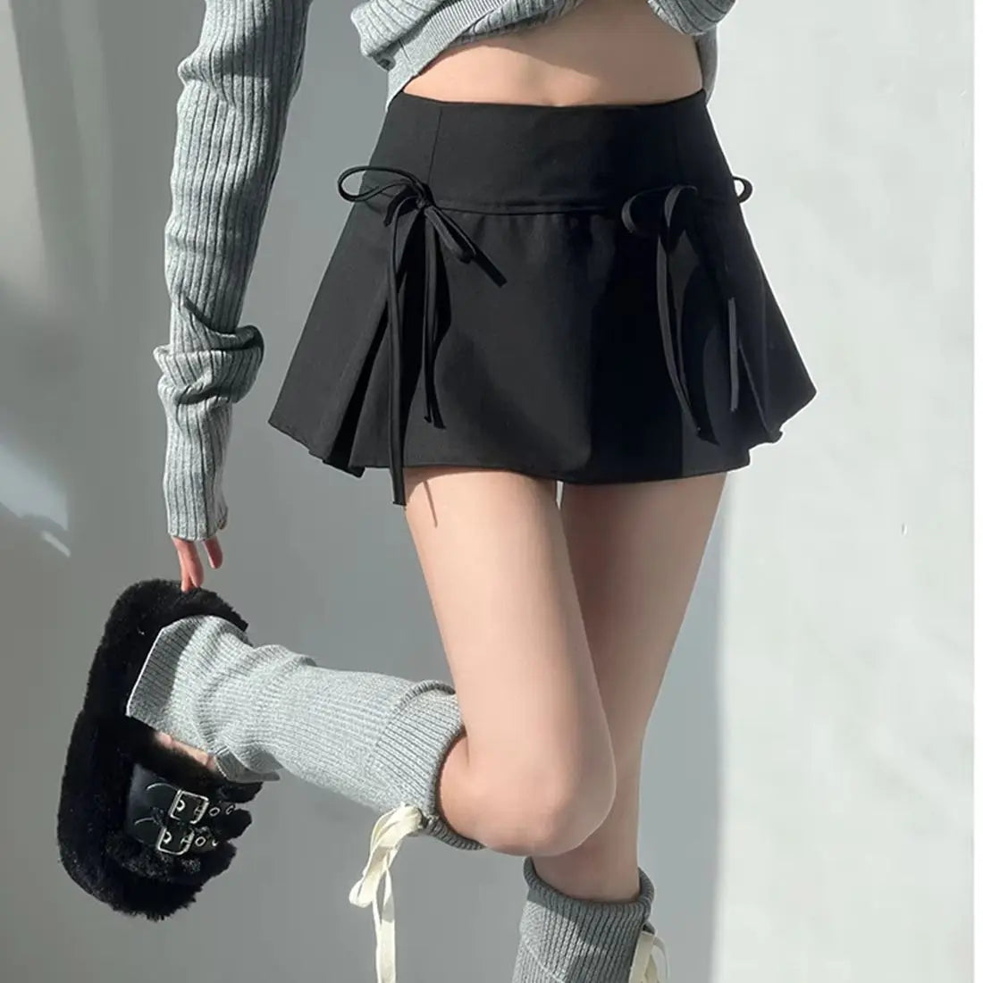 Women's Y2K Bow Skirt – Pleated A-Line, Solid Color, Harajuku Korean Preppy Style