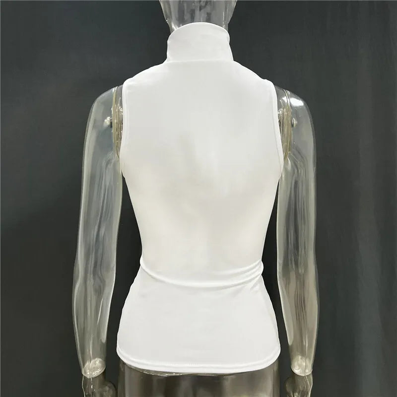 Turtleneck Basic Knit Tank Top – Sleeveless, Metal Ring Detail, Pullover, Skinny Fit, Y2K Style, Cropped, Women's Fashion