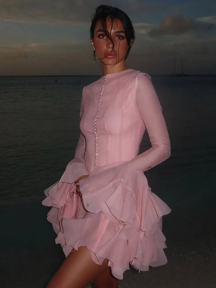 Luxury O-Neck Pink Ruffle Button Dress – Long Sleeve, High Waist, Fashionable Short Evening Prom Dress for Women