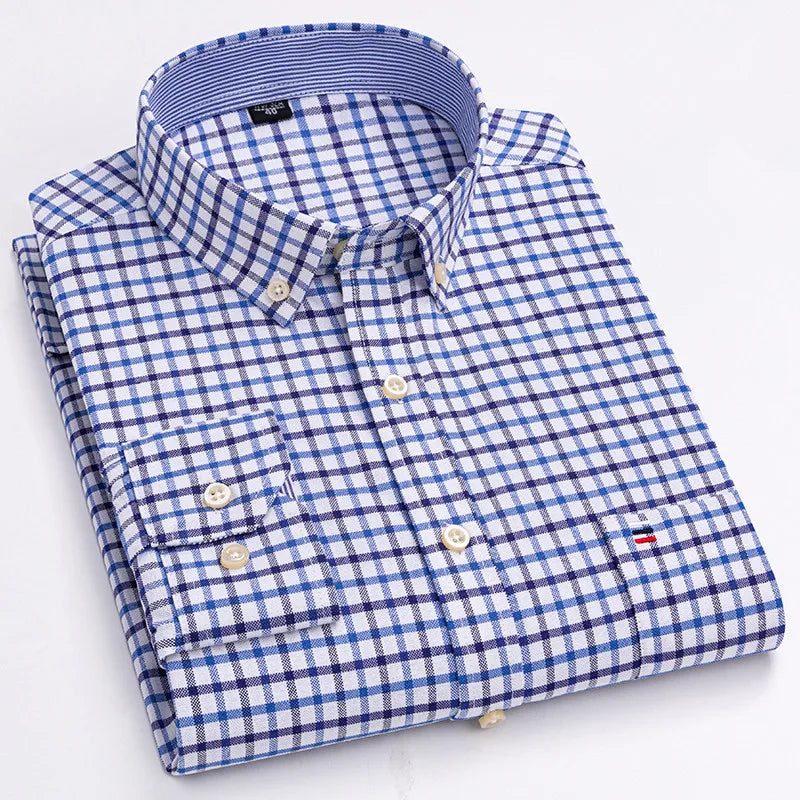 Men's 100% Cotton Shirt – Long Sleeve Plaid Oxford, Solid Color, Regular Fit Formal Dress Shirt, Available In Oversized