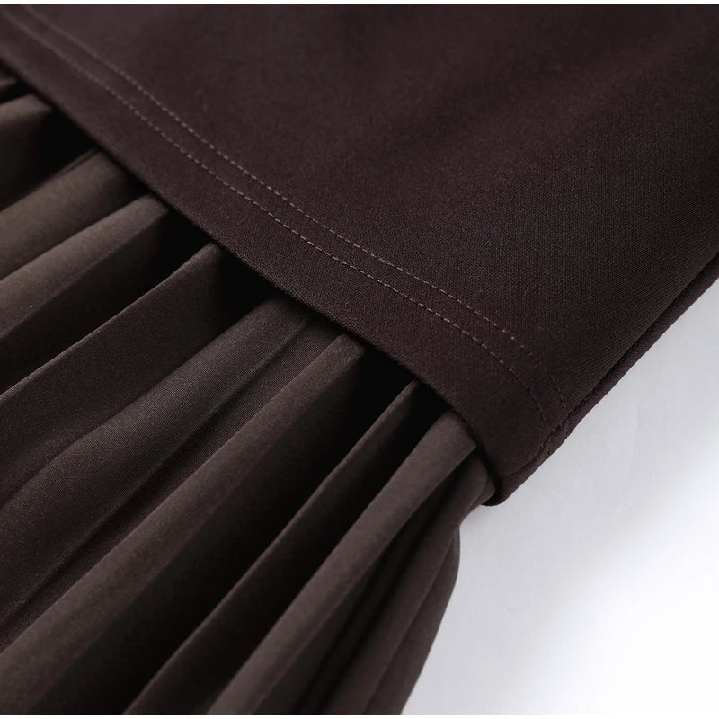 Chic Splicing Brown Maxi Dress – Half Sleeve, Pleated A-line, Slim Fit, Casual Office Commute Streetwear